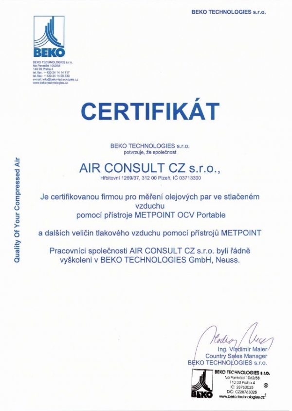 Certifikace pro měření olejových par ve stlačeném vzduchu